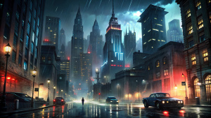 Gotham City at night. Wayne Tower. Crime, Rain, police, Warm light,