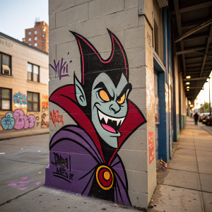 A graffiti-styled cartoon villain, with a fierce expression, spray painted on a city wall.
