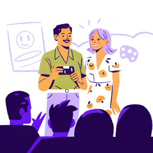 Simon Rex and Jaime Pressly at a video game launch party. Simon wears a green polo shirt, Jaime in a floral print dress. Animated characters and logos in the background.