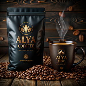 Create a realistic coffee Brand called ALYA coffe, for a package in a black bag realistic with Golden letters.