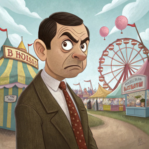 Cartoony depiction of Mr. Bean, scowling with thick eyebrows and exaggerated facial features, set against a funfair background.