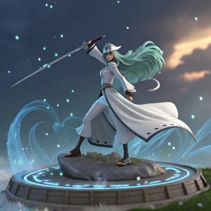 3D rendered figurine of Nel Tu Odelschwanck from Bleach. She wields a sword and stands on a floating platform in mid-air.