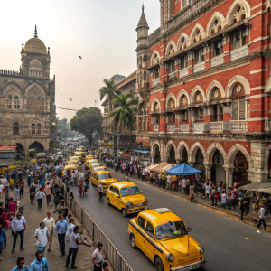 A bustling street in Mumbai, India. People from various backgrounds, genders, and ages. Classic yellow taxis, ornate architecture, red and white striped building with arches.