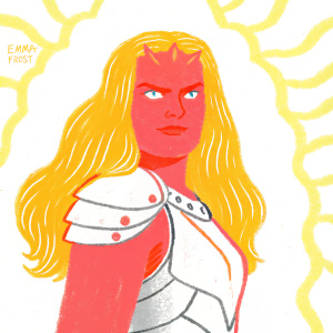 Digital illustration featuring Emma Frost. Blonde hair, fierce look, wearing a silver armored outfit. Neon teal background with detailed graphic design elements and artist signature
