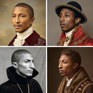 Pharrell Williams through the ages, a series of photos from the 1400s to present day, styled as a vampire transformation, amusing