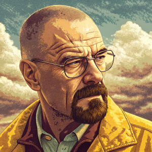 A digital pixel art of Walter White from Breaking Bad. Close-up of his face. Low-resolution style reminiscent of classic video games. Predominantly yellow and brown color palette.