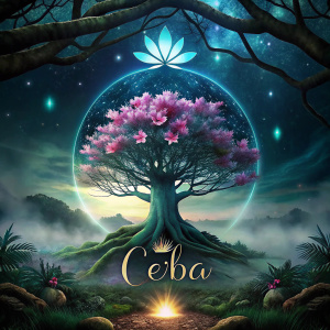 Logo de el arbol ceiba con un tronco grueso, con sus flores hermosas y que tenga el nombre CEIBA