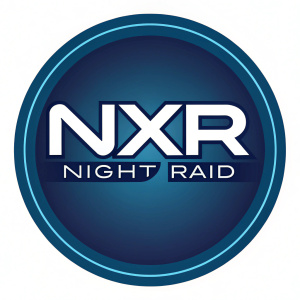 Logo for 'NXR NIGHT RAID' with modern angular font. Dark blue gradient circular background.
