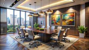 Modern design of the conference room angle, architecture, art, artwork, conference, contemporary, decor, decorate, decorating, decoration, design, detail, estate, flooring, furnishing, furniture, indoor, indoors, inside, interior, lamp, lamps, light, lighting, lights, luxurious, luxury, meeting, modern, new, nice, nobody, office, room, rooms, seat, sitting, space, style, table, wall, window, windows, conference room, office room, modern design