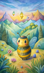 sweet bee with fat cheeks with round face  and two antenna collecting diamonds in a jar in a wonderful landscape