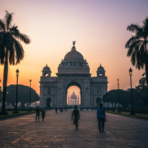 Neoclassical Victoria Memorial building at dusk, Kolkata. Silhouette of people walking through the grand archway.
