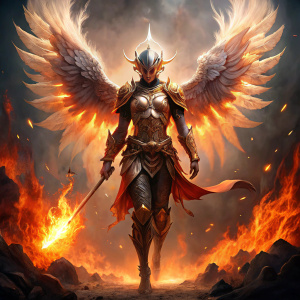 Generate an image of a powerful fire angel of Caucasian descent in full armor and sword flying through the heavens with determination and resolve. Depict the angel's muscular physique and fierce expression as they blaze forward with flames emanating from their wings and body. Surround the angel with a radiant white glow, symbolizing divine strength and purity.