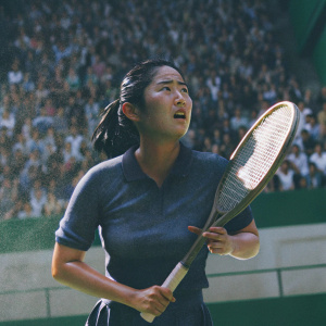 Misaki Doi, female tennis player, during an intense match. Sweat covered face, holding tennis racket. Crowd cheering in background.
