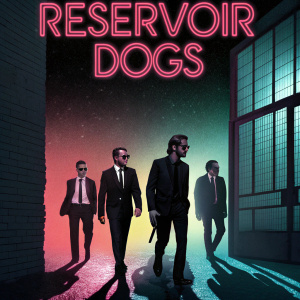DVD cover for Reservoir Dogs, featuring five men in suits and ties. Dark and gritty, with sharp shadows and a neon color palette. Classic film noir style
