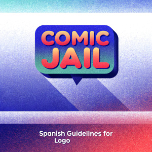 A sleek, professional webpage showcasing the Comic Jail logo in vibrant red, green, and purple hues. Detailed Spanish guidelines for logo usage.