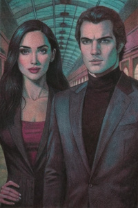 gal gadot in her 25 years with long black hair in black jacket. close to her is standing henry cavill in his 30 years with black short hair and blue eyes in black suit and black turtle neck. big museum hall on the background