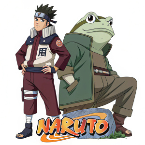 Digital artwork featuring Fukasaku and Shima from Naruto series. They stand out against a plain white background, with Naruto logo below.