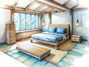 a sketch of a modern style
 bedroom in pencil, the bed is made of pallets