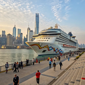 AIDA SOL cruise ship in the midst of a bustling port. Numerous tourists and crew members walking around. The vessel's distinctive design stands out against the skyline.