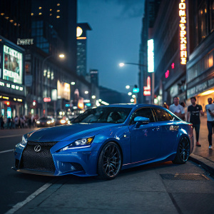 A sleek blue Lexus IS250 F-Sport showcased on a busy street at dusk. Neon signs and bustling city lights in the background.