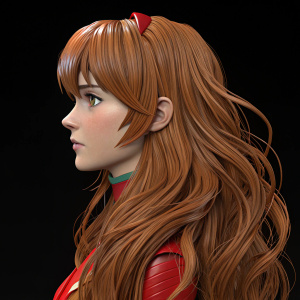 High-definition digital 3D rendering of Asuka Langley's hair from Neon Genesis Evangelion. Long, wavy brown hair with glossy finish. Solid black background. Emphasis on hair texture and intricate details.