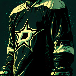 Concept design for Dallas Stars hockey team jersey. Digital illustration. Black jersey with green and white highlights. Main logo with star design centered. Cool-toned background showcasing design and branding.