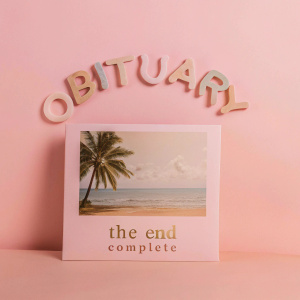 Obituary's album cover for 'The End Complete'. A vibrant tropical beach scene with palm trees and clear blue waters. The band name in playful, colorful script.
