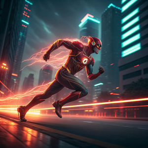 DC Comics superhero The Flash running at full speed. Bright, dynamic lighting. Neon cityscape in background. Superhero's costume flaring out with motion blur