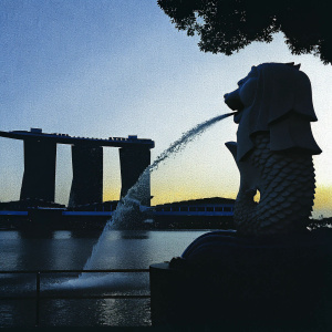 Dramatic sunset view of Merlion Park, Singapore. Merlion statue spouting water, iconic silhouette against the skyline. Marina Bay Sands hotel prominent in the background, sky ablaze with warm hues.