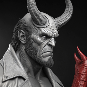 High-resolution 3D render of Hellboy. His face is intensely scowling, with detailed horns and right hand morphed into a fiery red claw. Rendered in black and white against a dark background