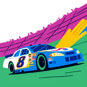A high-speed race car scene. Jeff Gordon's Chevrolet Monte Carlo, with vibrant blue and white hues and numerous logos, speeds around Daytona International Speedway. Crowds cheer passionately from the grandstands, the iconic steep banking of the track visible behind.