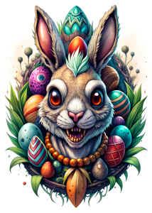 zombie bunny, tshirt design, excellent tattoo logo, easter, 32K, super clear quality, transparent quality, visual films, radiance around, eggs, stones, flight, White Background