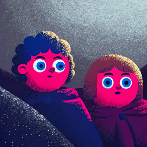 A classic cartoon depiction of Frodo and Samwise. Soft, grayish background. Limited color scheme. Expressive facial features.