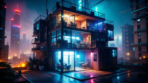 Cyberpunk apartment, futuristic, apartment, night,  volumetric light, ray traced, photography, behance 