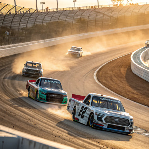Multiple NASCAR trucks racing on a tight, curvy track at Homestead-Miami Speedway. Sponsor logos clearly visible. Intense, fast-paced action