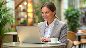 smiling businesswoman working on laptop sitting in a cafe