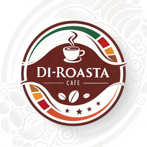 Di-Roasta Cafe logo, a modern, inviting design. Circular shape, cafe's name in bold. Shades of brown, subtle graphic. Clean background, accent colors on sides. Flat style digital illustration.