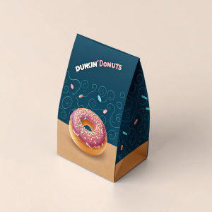 Dunkin' Donuts new packaging. Sleek, modern design featuring a vibrant donut illustration. Dark blue and brown colors create a clean, minimalist look.
