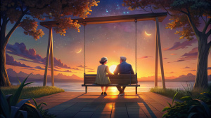 A peaceful scene of an elderly couple sitting on a porch swing, watching the sunset.