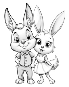 black and white, clean line art, couple rabbit in love cute, cartoon style, black and white only, vector style, for coloring book page for kids, no colors