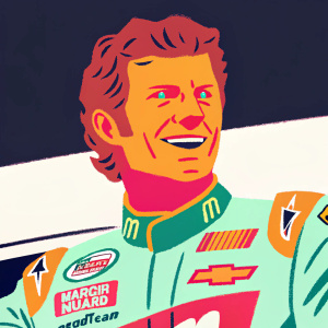 Dale Earnhardt Jr., Caucasian, medium build, wavy brown hair, confident smile. Racing uniform, sponsors: Mountain Dew, National Guard, Chevrolet, Good Year. Dark blurred background, close-up shot.