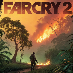 Video game poster for Far Cry 2. Intense jungle scene with blazing inferno in the background. Fiery orange and green color scheme. Top banner reads 'Far Cry 2'