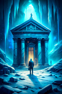 snow and ice financial bank, next to a sad man, in techno style, blue color