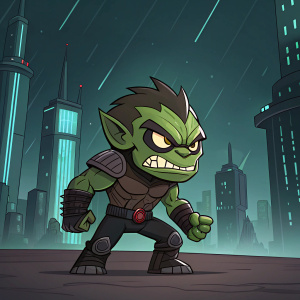 Cartoony character from Anark.io, fierce expression, green skin, clawed hands, in combat stance. Dark futuristic cityscape background