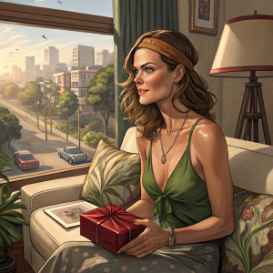 Summer Altice in a cozy living room, Caucasian woman with medium-length wavy brown hair, wearing a green halter-neck top, brown headband. She holds a shiny red wrapped gift, indoor setting, window overlooking an urban cityscape with buildings and roads.