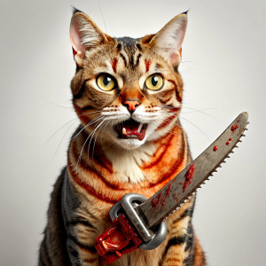 very angry european shorthair cat holding a chainsaw, covered in blood,  in background