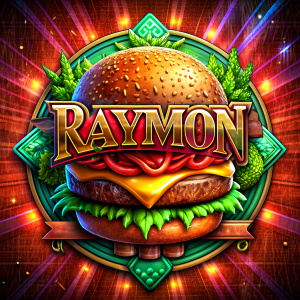 generate a logo, with the text "Raymon burger" the letter or change it for a hamburger