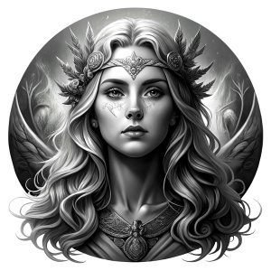 Saga, The Seer - Nordic Goddess of Sagas & Myths perfect realistic art, high-definition grey and black, white background tattoo design