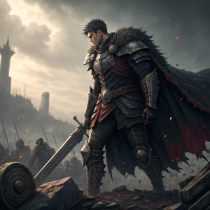 Digital art illustration showcasing Guts from Berserk clad in his iconic Berserker Armor, standing amidst the ruins of a fierce battle. The scene is dark and foreboding, with remnants of fallen foes scattered around. Guts's armor is detailed with intricate, ornate designs and his massive sword looms prominently. Bloodstains and torn fabric highlight the intense aftermath of the clash.