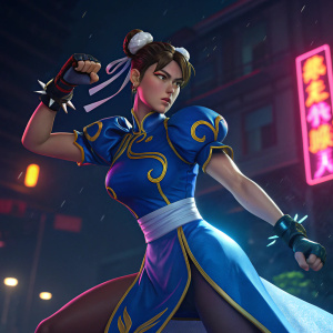 3D render of Chun-Li from Street Fighter. Intense fighting pose. Dark background with neon lighting